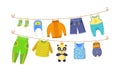 Kids dry clothes on clothesline vector cartoon illustration