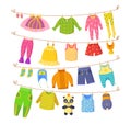 Clean child small clothes, cloth rope, kids dry clothing on clothesline