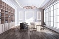 Clean classic office interior with wooden furniture and marble walls, window with city view and sunlight. New York style apartment
