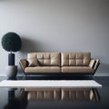 Clean Classic Style Leather Sofa, Neutral Calm Colors, Shag Rug, Soft Sunlight from Window, Interior Poster design Generative Ai