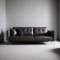 Clean Classic Style Leather Sofa, Neutral Calm Colors, Shag Rug, Soft Sunlight from Window, Interior Poster design Generative Ai