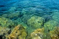 Clean and clear sea water. Paradise rocky shore