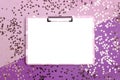 Clean clipboard mockup on a purple background. Stars confetti texture Royalty Free Stock Photo