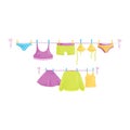 Clean clothes hanging on ropes. Female garment. Laundry theme. Flat vector design