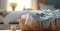 Clean clothes in a wicker basket next to a bed. Fresh laundry in a basket Royalty Free Stock Photo