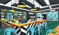 Clean Coffee Shop Modern Style with Futuristic Table, Electric Coffee Maker Machine, Ceiling Lamps, Picture Art for Vector