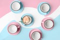 Elegant porcelain blue and pink cups on abstract background Royalty Free Stock Photo