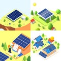 Collage of Four Isometric Flat Vector Illustrations: Solar Panels and Technician Maintenance with Checklist Royalty Free Stock Photo