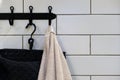 Clean Colored towels hanging on the rack in the bathroom. Focus on the top of the hook and towels Royalty Free Stock Photo