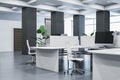 Clean concrete and coworking office interior with furniture. 3D Rendering