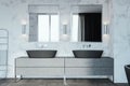 Clean concrete and wooden bathroom interior with various objects.