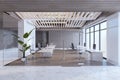 Clean concrete and wooden glass office interior with various objects and furniture, window with city view and daylight. 3D