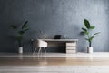 Clean concrete and wooden home office interior with workplace and mock up place on wall.