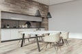 Clean concrete and wooden kitchen interior with furniture.