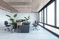 Clean concrete and wooden office interior with furniture and daylight, window and city view. Royalty Free Stock Photo