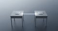 Modern minimalist 3D rendering of two rectangular metal leg tables with a small white lidded tray on a plain grey background Royalty Free Stock Photo