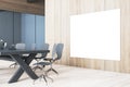 Clean contemporary meeting room interior with blank white mock up banner on wooden wall, table and chairs, decorative objetcs. 3D Royalty Free Stock Photo