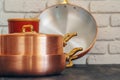 Clean copper cookware in kitchen close up Royalty Free Stock Photo