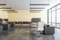 Clean coworking office interior with city view