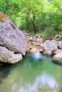 Clean creek water pool with big rocks
