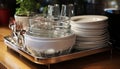 Clean crockery and silverware stack on shiny kitchen shelf generated by AI