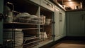 Clean crockery stacked in modern kitchen cabinet generated by AI