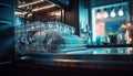 Clean crockery stacked on stainless steel shelf generated by AI