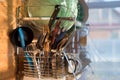 Clean cutlery in the dishwasher. Home equipment. Work at home concept Royalty Free Stock Photo