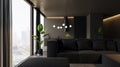 Clean dark living room with window and city view, furniture. Interior design concept.