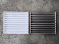 Clean and dirty air filter for air condition in car.Comparison between new and used air filter for car, automotive spare part.