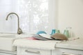 Dishes drying on counter in kitchen Royalty Free Stock Photo