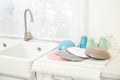 Dishes drying on counter in kitchen Royalty Free Stock Photo