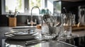 Clean dishware and glasses on white marble table in kitchen, generative ai Royalty Free Stock Photo