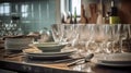 Clean dishware and glasses on white marble table in kitchen, generative ai Royalty Free Stock Photo