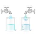 Two glasses and taps with clean drinking water and dirty water w Royalty Free Stock Photo