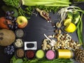 Clean eating concept over wooden background, top view, copy space. food vegan, raw diet or gluten free diet