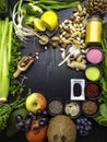 Clean eating concept over wooden background, top view, copy space. food vegan, raw diet or gluten free diet