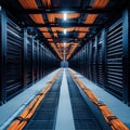 clean and efficient data center with organized fiber optic cables, showcasing modern technology and infrastructure. vibrant orange Royalty Free Stock Photo