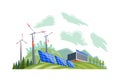 Clean electric energy concept. Renewable electricity resource from solar panels and wind turbines. Ecological change of Royalty Free Stock Photo