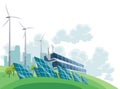 Clean electric energy concept. Renewable electricity resource from solar panels and wind turbines. Ecological change of