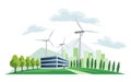 Clean electric energy concept. Renewable electricity resource from wind turbines. Ecological change of the future. City