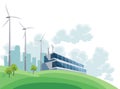 Clean electric energy concept. Renewable electricity resource from wind turbines. Ecological change of the future. City