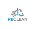 Clean electric energy logo design. Photovoltaics solar panel and wind turbine power station alternative energy generating electric