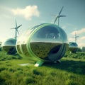 Clean electric energy from renewable sources sun and wind. Futuristic orbs in eco hotel with wind turbines on natural landscape