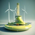 Clean electric energy from renewable sources sun and wind. Futuristic power plant station buildings with solar panels and wind