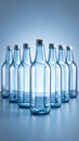 Clean empty blue glass bottles with silver caps arranged in a pristine studio setting perfect for beverage concepts Royalty Free Stock Photo