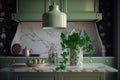 Clean and empty marble counter top, green vintage kitchen furniture with lots of flowers and bowl of strawberries, pair of white