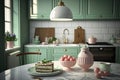 Clean and empty marble counter top, green vintage kitchen furniture with lots of flowers and bowl of strawberries, pair of white