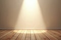 Clean empty room features light wood floor, smooth beige wall. Powerful bright spotlight beam illuminates blank wall, floor Royalty Free Stock Photo