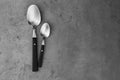 Clean empty table spoons on grey background. Space for text